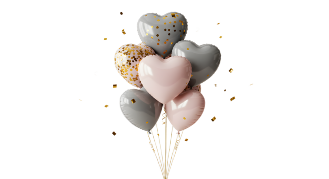 Bouquet of heart-shaped balloons in pink and grey with gold confetti spots, perfect for romantic events and celebrations - Powered by Adobe