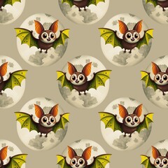 Naklejka premium cute halloween seamless pattern, beautiful bat and moon on beige background