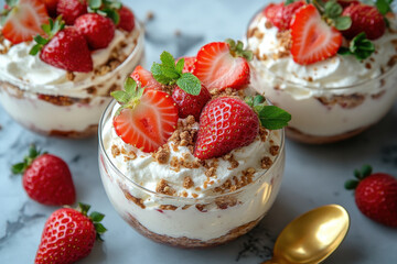 small glass desserts filled with strawberries and cream.