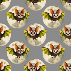 cute halloween seamless pattern, beautiful bat and moon on gray background