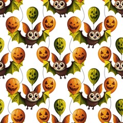 Naklejka premium Halloween, colorful seamless pattern, cute bat with green wings, orange and green balloons, white background.