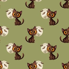 cute seamless pattern, black cat with orange eyes, full moon and bats on green background