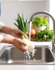 Washing onions under tap water