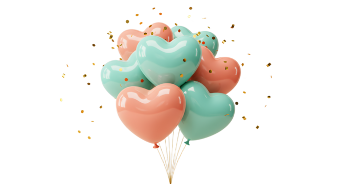 Cluster of pastel heart-shaped balloons with confetti on white background, romantic decoration perfect for weddings and Valentine's Day - Powered by Adobe