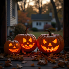 Fototapeta premium Three glowing jack-o'-lanterns sit on a porch surrounded by autumn leaves at dusk.