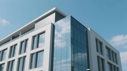 Modern multi-story building with reflective glass facade under a clear blue sky