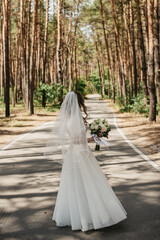 The bride in a white dress with a long train stands on an asphalt road against the background of a...