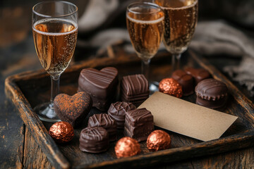 Tray of chocolates with a glass of champagne.