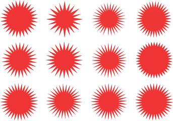 Vector art of a collection of twelve red starburst shapes isolated on a white background, representing energy and abstract design transparent background