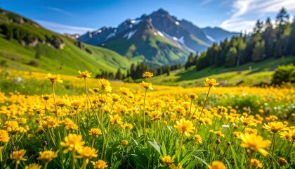 Fototapeta premium Vibrant yellow wildflowers bloom in a lush green meadow, set against a softly blurred mountain backdrop