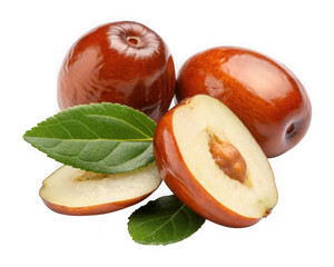 Fototapeta premium Fresh ripe jujube fruits with leaves, one cut in half, isolated on transparent background