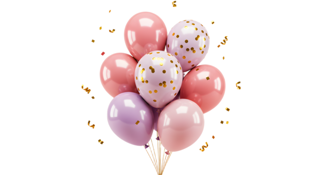 Pink, purple, and white confetti balloons bouquet with gold dots, perfect for birthday parties and celebrations