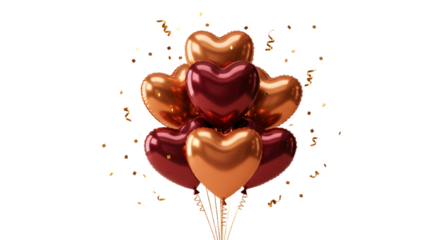 Shiny heart-shaped balloons in red and copper colors with confetti, perfect for Valentine's Day or romantic celebrations