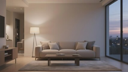 Fototapeta premium Modern Living Room with Neutral Tones and Large Window View