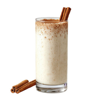 Creamy Mexican horchata drink with cinnamon sticks and powder topping is popular Mexico dishes refreshment