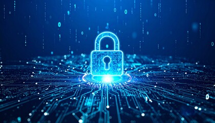 digital data encryption, glowing lock symbol hovering over binary code streams and abstract circuit patterns