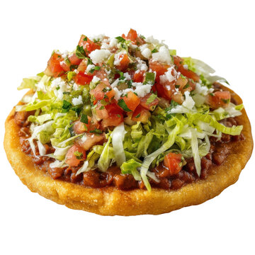 Mexican popular dishes feature this delicious tostada topped with beans lettuce tomato and cheese creating fresh vibrant meal