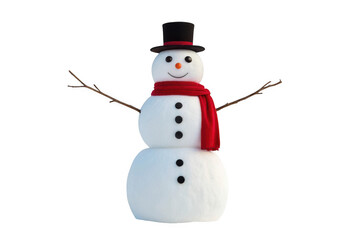 Cute snowman wearing a red scarf and top hat isolated on transparent background