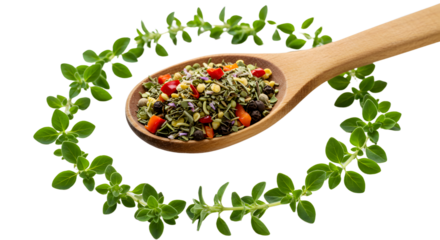 Wooden spoon with mixed dried herbs and spices with fresh green herb wreath isolated on white background, perfect for cooking and recipe content