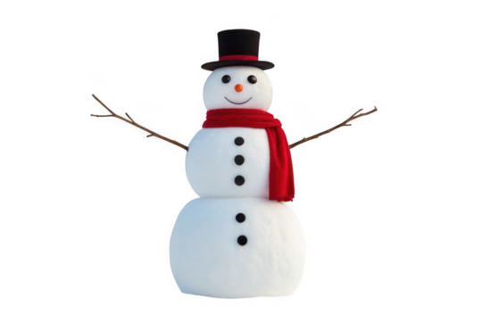 Cute snowman wearing a red scarf and top hat isolated on transparent background
