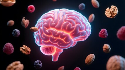 Fototapeta premium A glowing human brain surrounded by various fruits and nuts, symbolizing healthy eating for brain function.