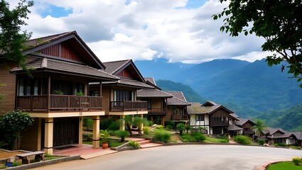Naklejka premium Elevated terrace homes with mountain backdrops, Southeast Asian countryside