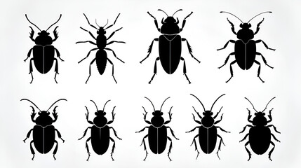 Black bug icon collection. Set of black beetle silhouette. Vector insect logo