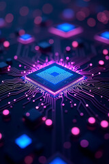 Abstract image of a glowing blue and pink computer chip with circuit board patterns and geometric shapes.
