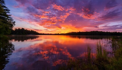 a vibrant sunset over a calm lake the sky is filled with purple and orange hues reflecting on the water s surface soft clouds add texture to the scene