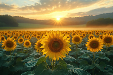 Fototapeta premium Sunflowers in a field at sunset.