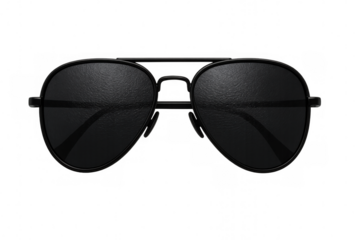 Dark-framed aviator sunglasses resting on transparent surface, reflecting sleek style and contemporary design
