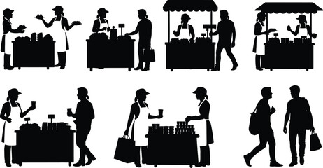 Vendors serve customers at market stalls, showcasing community shopping