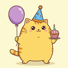 A cheerful yellow cat with orange stripes, wearing a blue polka-dot party hat, holds a purple balloon and a cupcake with a lit candle—radiating birthday joy against a soft cream backdrop.