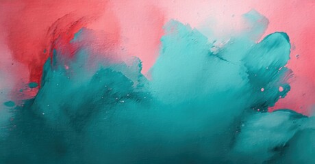 Abstract watercolor painting. Turquoise, coral hues blend, creating soft textures. Fluid shapes suggest clouds, smoke, or water. Minimalist design.