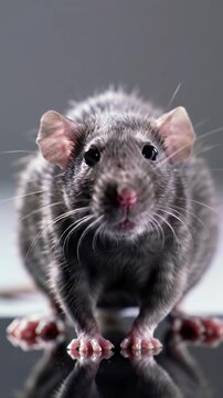 An ultra-close-up video of a sleek, meticulously groomed dark grey domestic rat with obsidian fur on a reflective black surface in a minimalist high-tech studio. It holds unwavering eye contact,