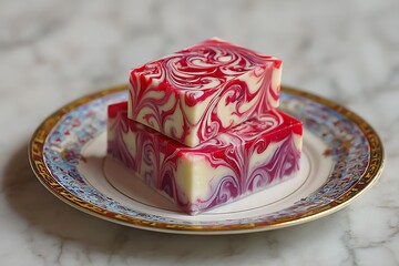 heritage kueh lapis with frosting designs on marble plate  
