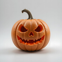 Classic orange carved Halloween jack-o'-lantern pumpkin with menacing face and curved stem against clean white background.