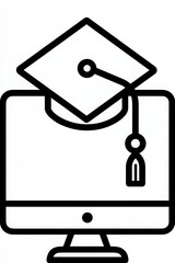 Online corporate education icon featuring a computer monitor with a graduation cap, symbolizing digital learning and professional development in a minimalist black and white illustration style