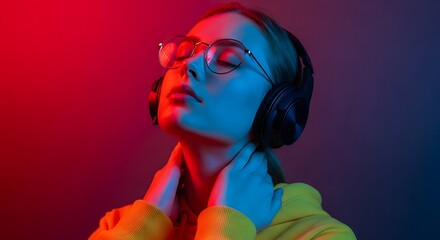 Fototapeta premium Lost in the rhythm a girl finds peace with her eyes closed bathed in neon lights with dark