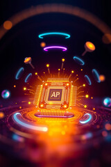 A glowing computer chip with "AP" on it is surrounded by colorful, abstract, futuristic, and technological elements.