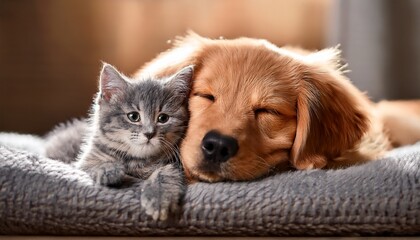 golden retriever and gray kitten cuddling together on a soft blanket during a cozy indoor moment