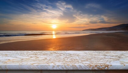 Obraz premium tranquil coastal seascape with travertine table during sunset at the beach
