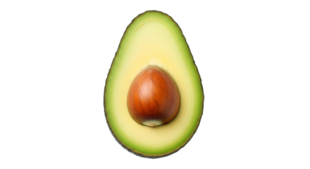 A halved avocado with its seed isolated on transparent background, showcasing its fresh, green flesh and healthy, nutritious qualities
