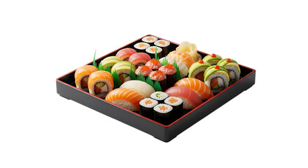 Assorted sushi rolls on a black tray isolated on transparent background, featuring salmon, tuna, avocado, and other fresh ingredients for a delicious and healthy meal
