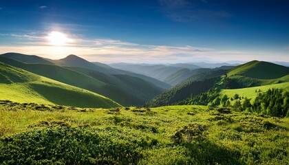 lush green hills and mountains under bright sky with scenic overlook of nature landscape