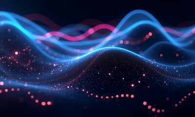 Futuristic digital waves with glowing particles and vibrant blue and pink lines, symbolizing data flow, technology, and energy.