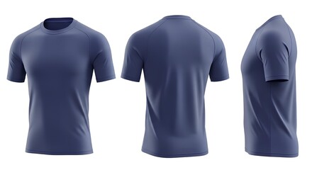 Men's blue short sleeve crew neck t-shirt template. Isolated blank clothing mockup from front, back, and side views on a white background.