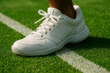 Close-up of white sneaker on green sports field, athlete preparing for game, sportswear for fitness and training.