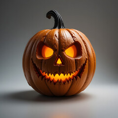 Intricately carved Halloween jack-o'-lantern pumpkin with glowing orange eyes and menacing zigzag smile against gray studio background.