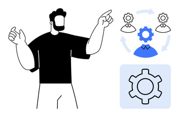 Person gesturing dynamically toward gear icons with connected team, representing workflow optimization, teamwork, leadership. Ideal for collaboration, management, business strategy, process